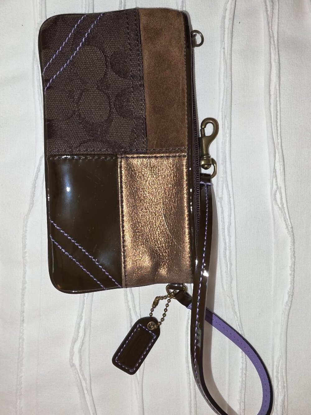Coach patchwork brown purple leather wristlet